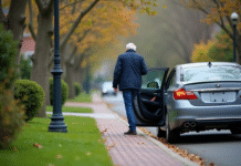 Raisons de garer votre voiture avec les roues droites : conseils essentiels Homme d'âge moyen sortant de sa voiture alignée dans un quartier calme