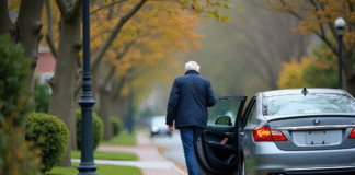 Homme d'âge moyen sortant de sa voiture alignée dans un quartier calme