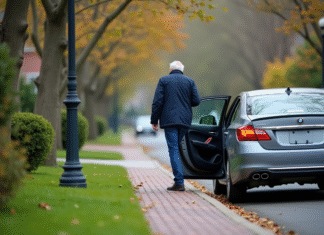 Raisons de garer votre voiture avec les roues droites : conseils essentiels Homme d'âge moyen sortant de sa voiture alignée dans un quartier calme