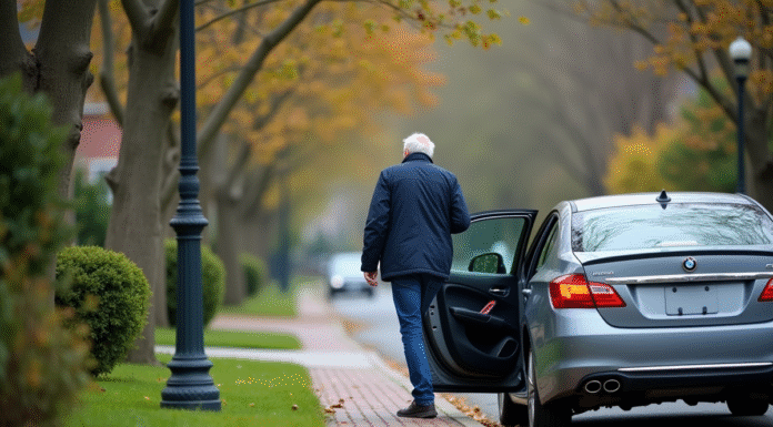 Raisons de garer votre voiture avec les roues droites : conseils essentiels Homme d'âge moyen sortant de sa voiture alignée dans un quartier calme