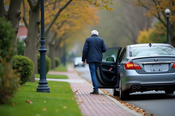 alignement-roues-voiture-suburbain Homme d'âge moyen sortant de sa voiture alignée dans un quartier calme