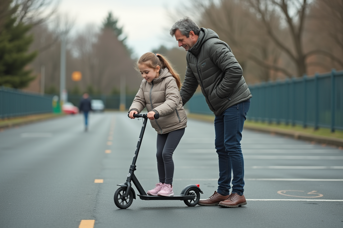 Fille apprenant à démarrer un scooter sous supervision