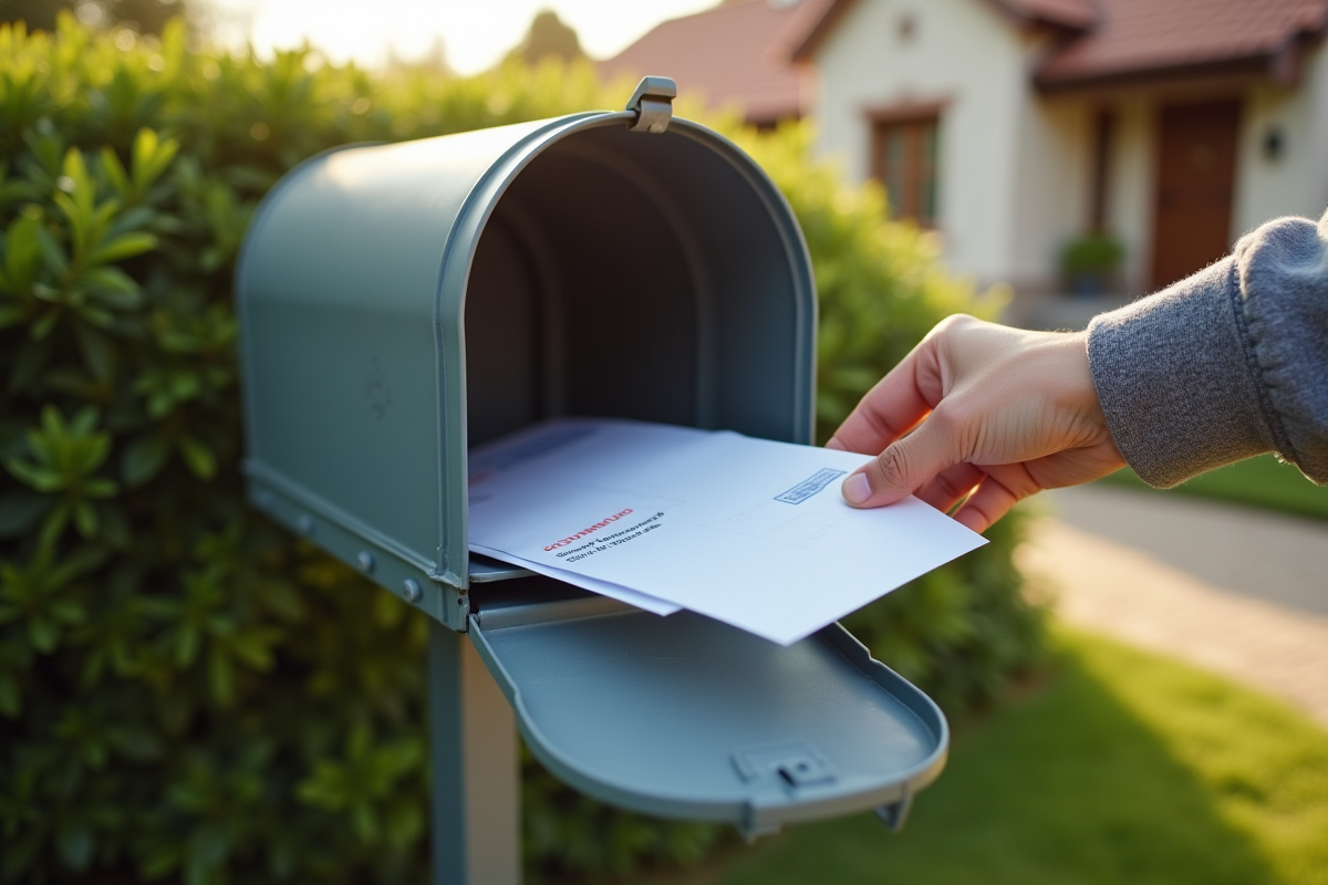 Main retirant une lettre officielle dans une boîte aux lettres en banlieue