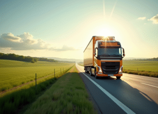 Comment optimiser la consommation d’un camion de 32 tonnes ? Camion de 32 tonnes sur une route ensoleillée entourée de champs verts