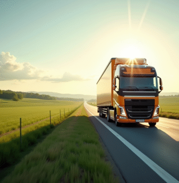 Comment optimiser la consommation d’un camion de 32 tonnes ? Camion de 32 tonnes sur une route ensoleillée entourée de champs verts