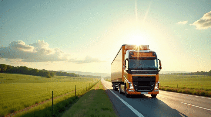 Comment optimiser la consommation d’un camion de 32 tonnes ? Camion de 32 tonnes sur une route ensoleillée entourée de champs verts
