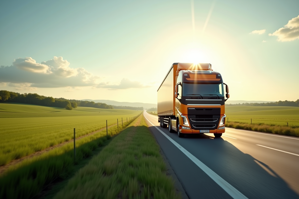 Camion de 32 tonnes sur une route ensoleillée entourée de champs verts