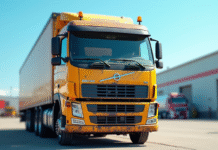Camion lourd d'occasion dans une cour industrielle en plein soleil