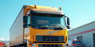 Camion lourd d'occasion dans une cour industrielle en plein soleil