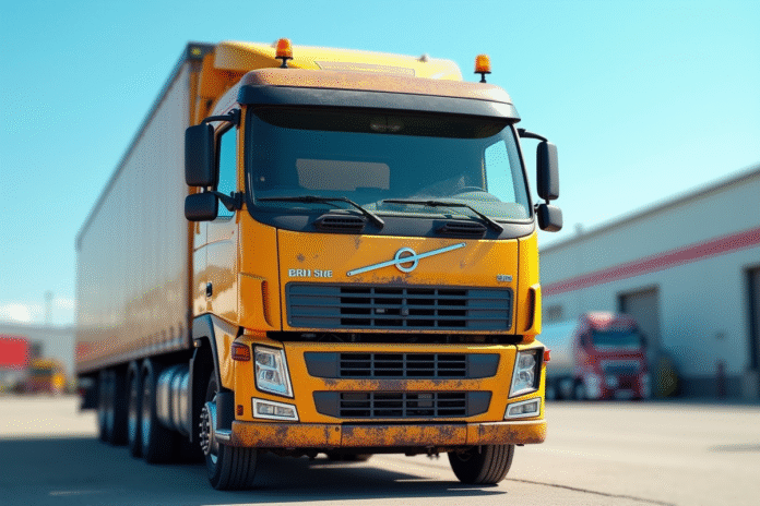 Camion lourd d'occasion dans une cour industrielle en plein soleil