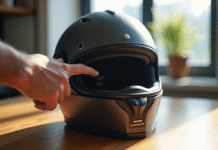 Casque de moto moderne avec étiquette de date d'expiration