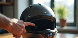 Casque de moto moderne avec étiquette de date d'expiration