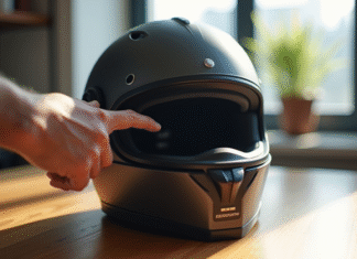 Date de péremption casque moto : comment la trouver facilement ? Casque de moto moderne avec étiquette de date d'expiration