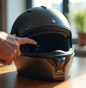 Casque de moto moderne avec étiquette de date d'expiration