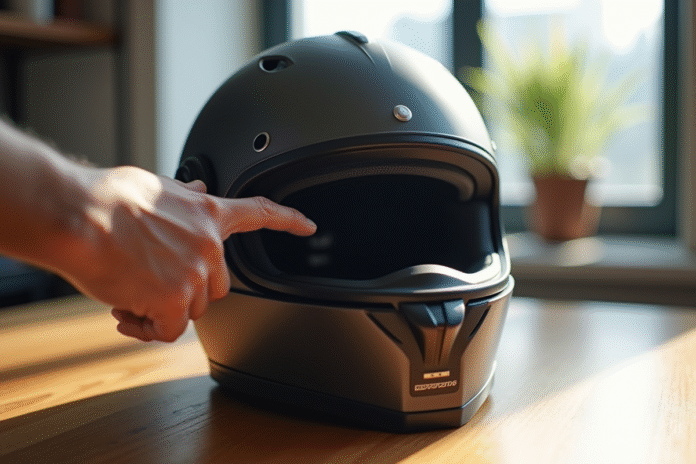 casque-moto-date-expiration Casque de moto moderne avec étiquette de date d'expiration