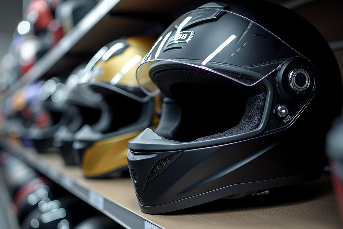 Casques de moto en magasin avec étiquette de fabrication