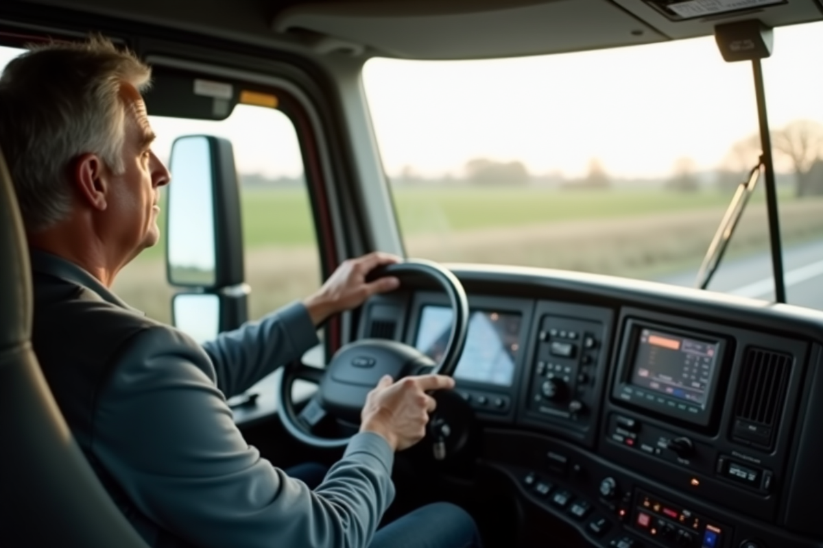 Conducteur de camion ajustant les réglages du tableau de bord en plein jour