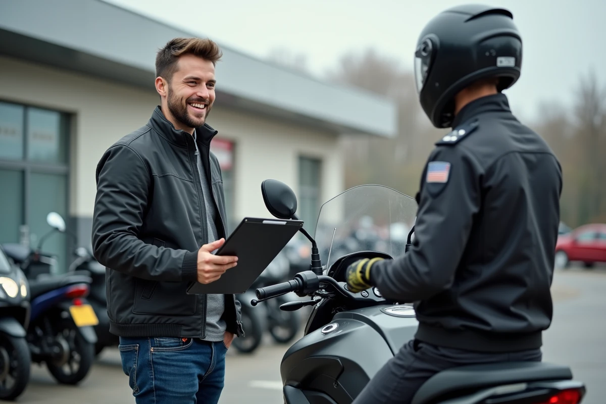 Motard souriant contrôlant sa moto lors d'une inspection extérieure
