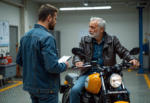Prix contrôle technique moto : tarif, coût et infos pratiques à connaître ! Motard et technicien lors d'un contrôle moto en centre inspection