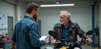 Motard et technicien lors d'un contrôle moto en centre inspection