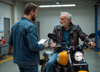 Prix contrôle technique moto : tarif, coût et infos pratiques à connaître ! Motard et technicien lors d'un contrôle moto en centre inspection