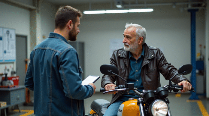 Prix contrôle technique moto : tarif, coût et infos pratiques à connaître ! Motard et technicien lors d'un contrôle moto en centre inspection