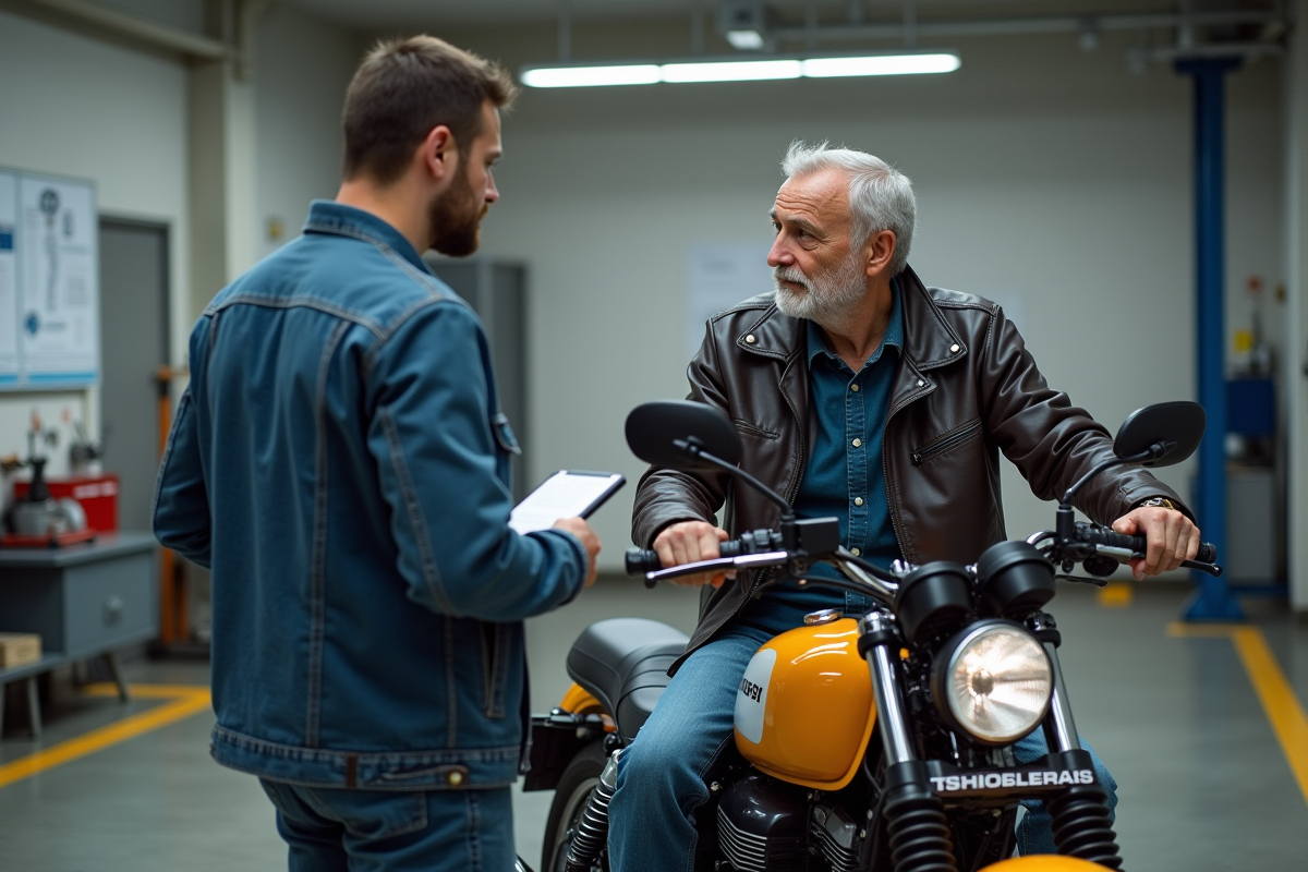 Motard et technicien lors d'un contrôle moto en centre inspection