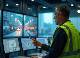 Feux tricolores : qui les contrôle ? Tout savoir sur la régulation Agent de traffic surveillant des écrans modernes en salle de contrôle