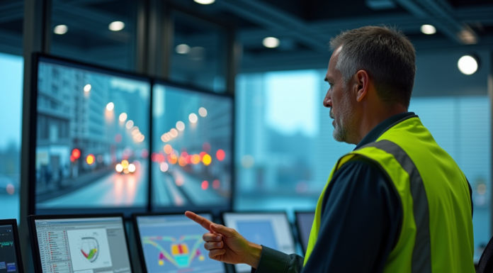 Feux tricolores : qui les contrôle ? Tout savoir sur la régulation Agent de traffic surveillant des écrans modernes en salle de contrôle