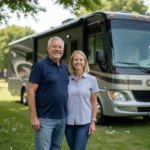 Couple souriant devant un camping avec un grand motorhome ClA