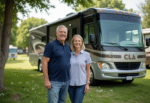 Différence entre camping-car classe A et classe C : choisir le bon véhicule Couple souriant devant un camping avec un grand motorhome ClA