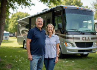 Différence entre camping-car classe A et classe C : choisir le bon véhicule Couple souriant devant un camping avec un grand motorhome ClA