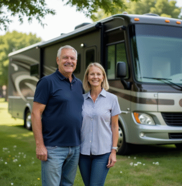 Différence entre camping-car classe A et classe C : choisir le bon véhicule Couple souriant devant un camping avec un grand motorhome ClA