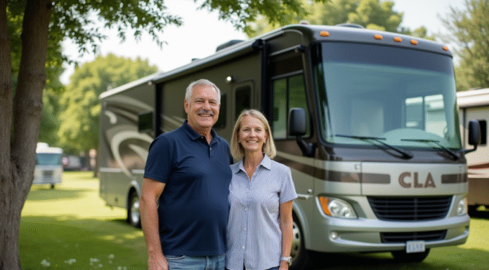 Couple souriant devant un camping avec un grand motorhome ClA