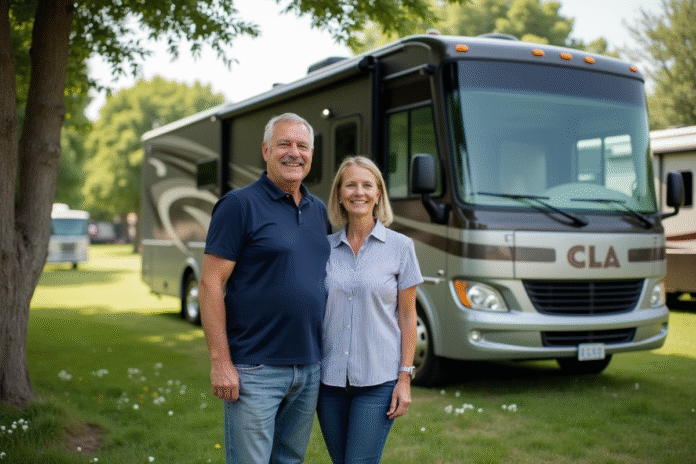 couple-motorhome-camping Couple souriant devant un camping avec un grand motorhome ClA