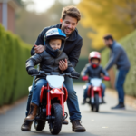 Moto enfant : quel choix pour le transporter en toute sécurité ? Jeune garçon en équipement de moto avec père en extérieur