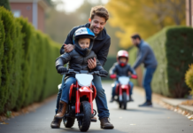 Moto enfant : quel choix pour le transporter en toute sécurité ? Jeune garçon en équipement de moto avec père en extérieur