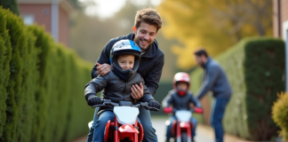 Moto enfant : quel choix pour le transporter en toute sécurité ? Jeune garçon en équipement de moto avec père en extérieur