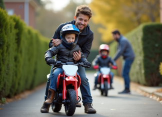 Moto enfant : quel choix pour le transporter en toute sécurité ? Jeune garçon en équipement de moto avec père en extérieur
