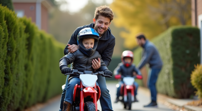 Jeune garçon en équipement de moto avec père en extérieur
