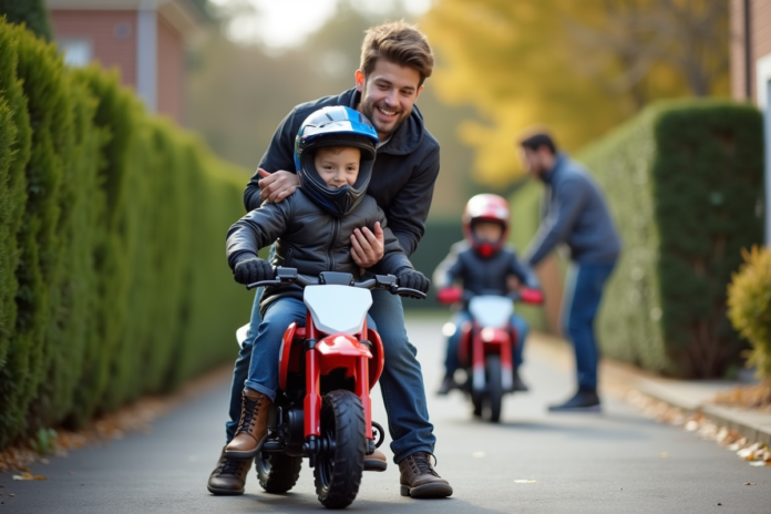 enfant-moto-securite-famille Jeune garçon en équipement de moto avec père en extérieur