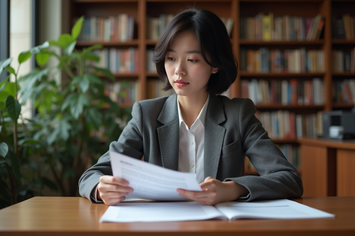 Jeune étudiante en bibliothèque étudiant des rapports techniques