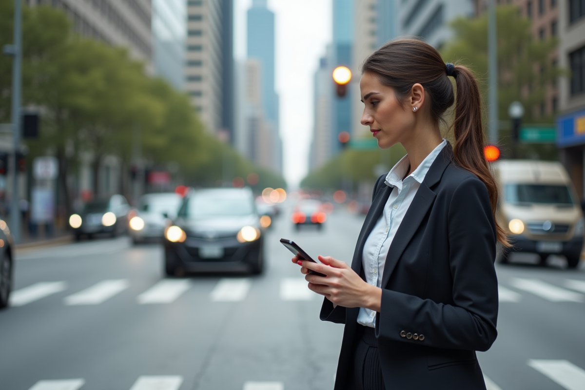 Jeune femme regardant la circulation au passage piéton