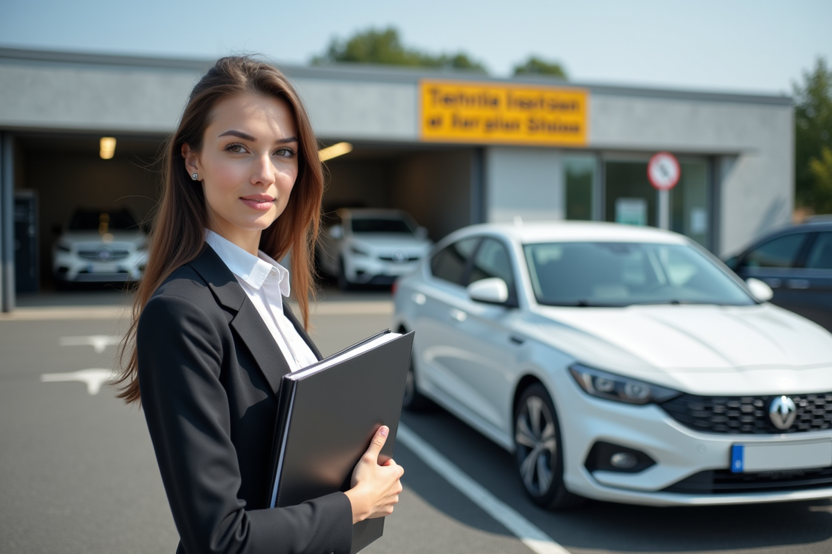 Jeune femme attendant à côté de sa voiture diesel