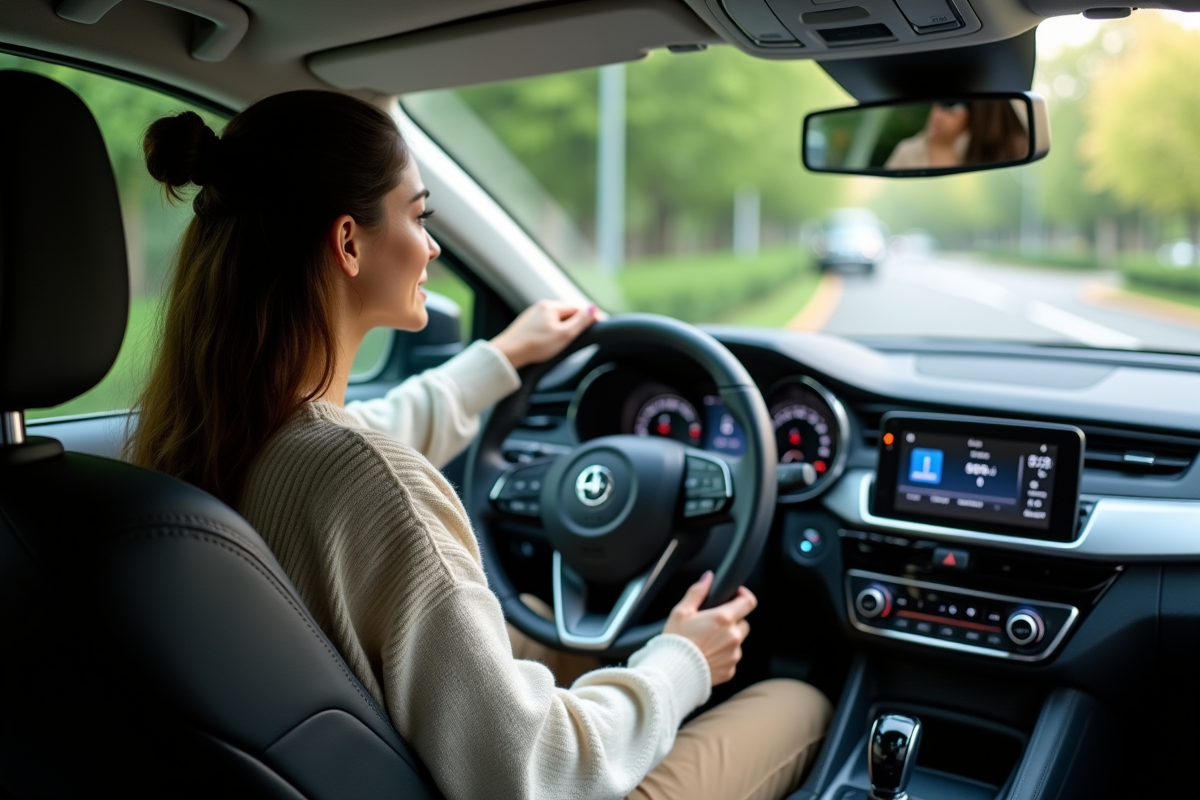 Jeune femme surveillant la consommation dans sa voiture moderne