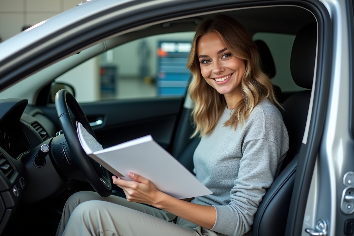 Jeune femme consulte un carnet dans une voiture en garage propre