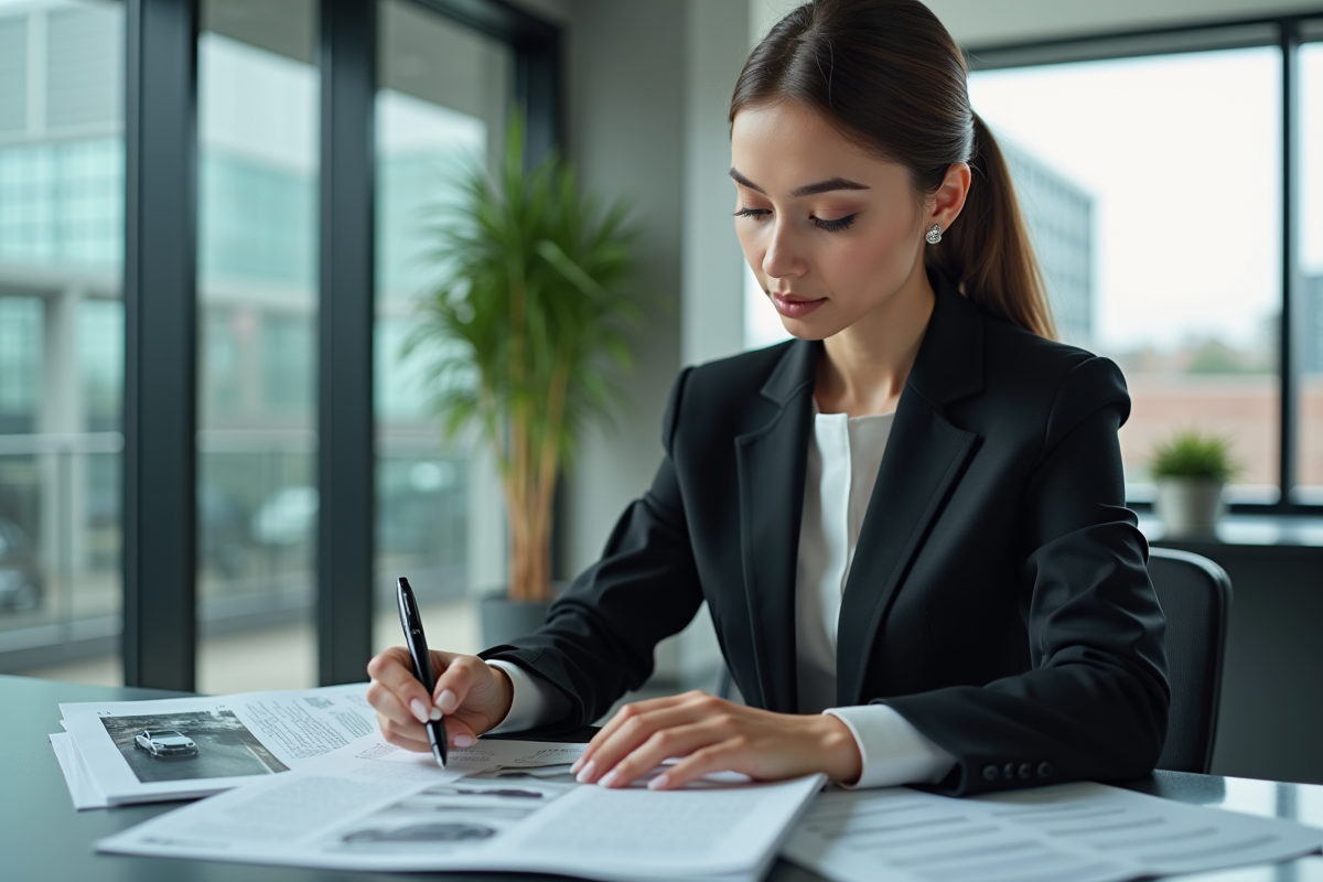 Femme professionnelle lisant brochures automobiles au bureau