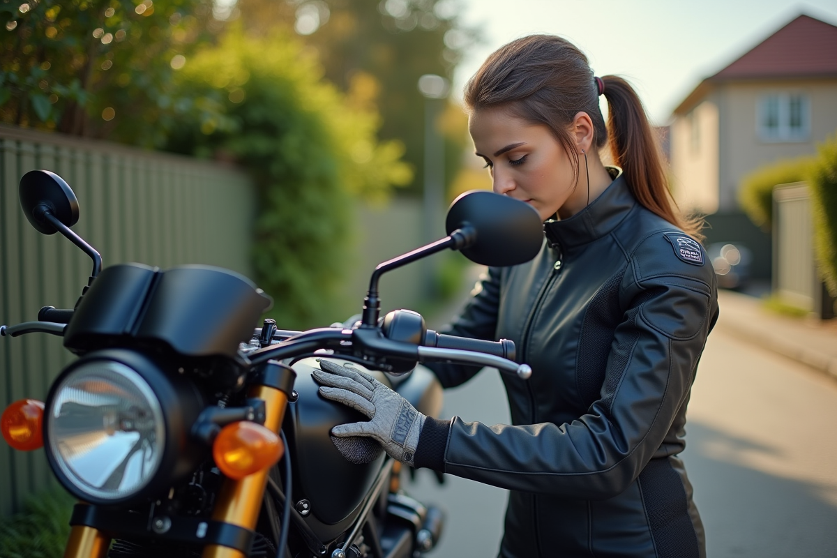 Femme nettoyant silencieux de sa moto en extérieur