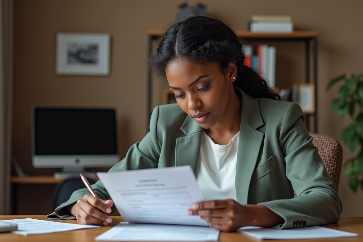 Jeune femme noire lisant des papiers d