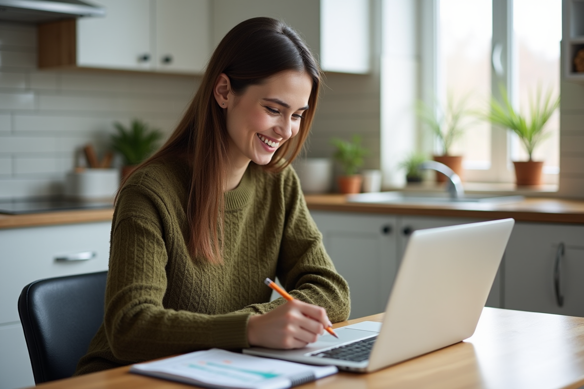 Femme souriante étudiant un devis d